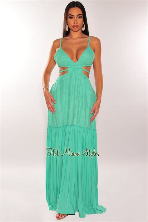 Mint Green V Neck Strappy Cut Out Maxi Dress Hot Miami Styles