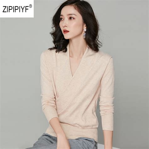 autumn women sweater basic knitted tops solid criss cross v neck long sleeve sweaters korean