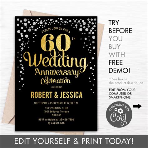 60th Wedding Anniversary Party Invitation Instant Download Etsy