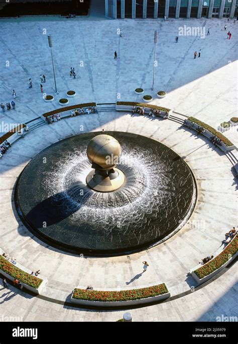 High Angle View Of Sphere At Plaza Fountain Sculpture By Fritz Koenig
