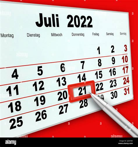 Deutscher Kalender 21 Juli 2022 Auf Rotem Hintergrund Stock Photo Alamy