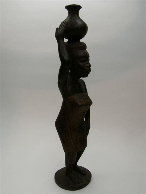 Hand Carved Wood Sculpture African Tribal Woman Figurine Carrying Pot