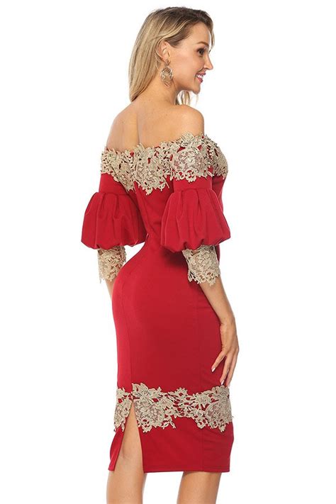 Red Off The Shoulder Dress With Three Quarter Sleeve