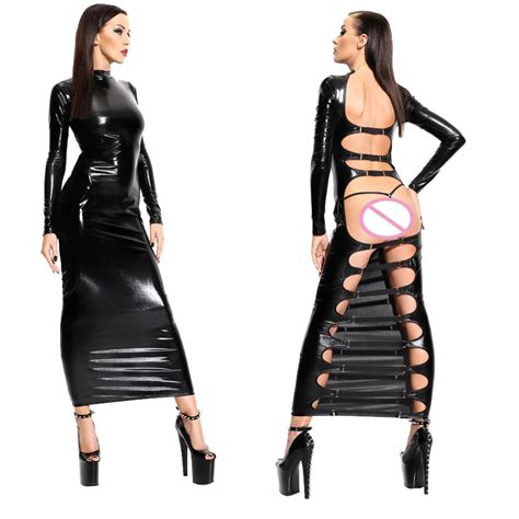 Sexy Vrouwen Zwart Kunstleer Bondage Dress Erotische Backless Hollow