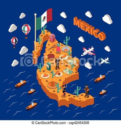 Mexican Touristic Attractions Symbols Isometric Map Mexican