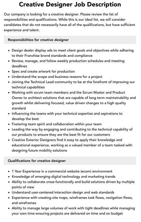 Creative Designer Job Description Velvet Jobs