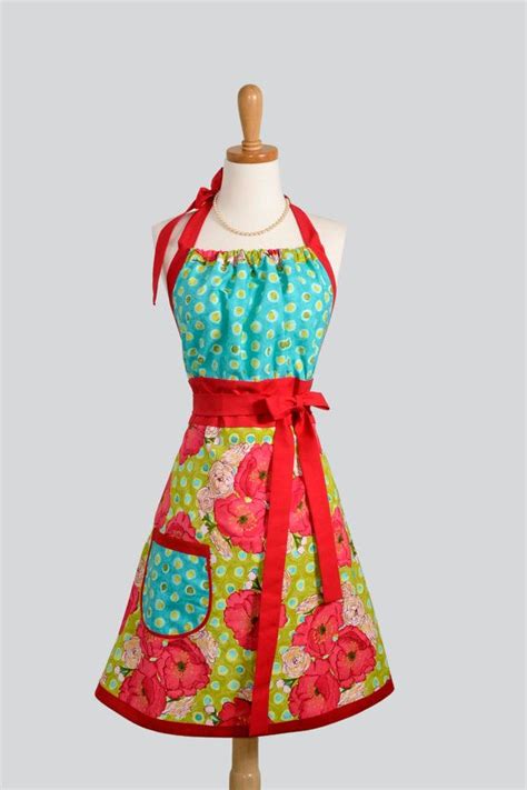 Cute Kitsch Apron Retro Colors Of Red Poppy On Lime Green Etsy In Apron Cute Aprons