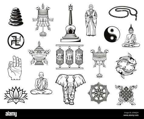 Buddhism Religion Sketches With Buddhist Religious Symbols Vector