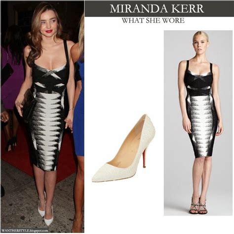 Miranda Kerr In Black And White Printed Bandage Dress And White Pumps
