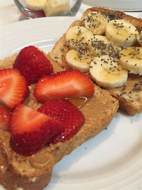 Healthy Breakfast Toast With Peanut Butter Bananas Strawberries Chia Seeds And Honey Yummy