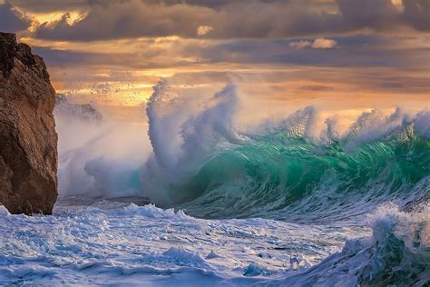 Sea Ocean Storm Element Water Foam Rock Clouds Sunset Wallpaper