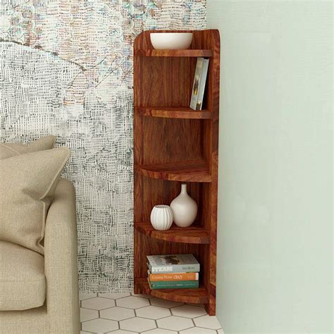 Home Furniture Sheesham Wood 5 Tier Corner Wall Shelf For Living Room