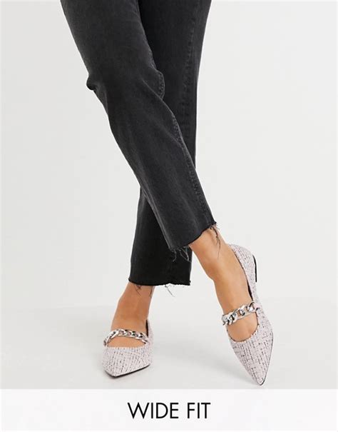Asos Design Wide Fit Lise Pointed Chain Ballet Flats In Pink Tweed Asos