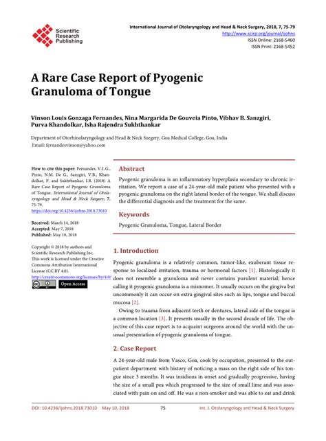 Pdf A Rare Case Report Of Pyogenic Granuloma Of Tongue
