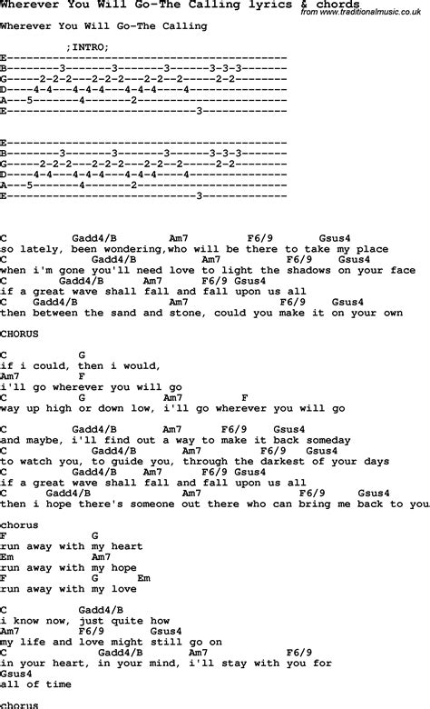 Love Song Lyrics for:Wherever You Will Go-The Calling with chords.