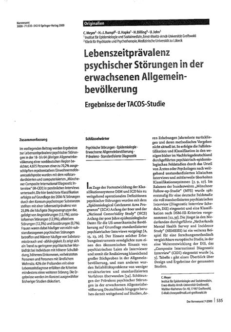 Pdf Lebenszeitprävalenz Psychischer Störungen In Der Erwachsenen Allgemeinbevölkerung