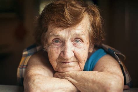 Portrait Of Old Woman Close Up Elderly Female With Wrinkles Stock