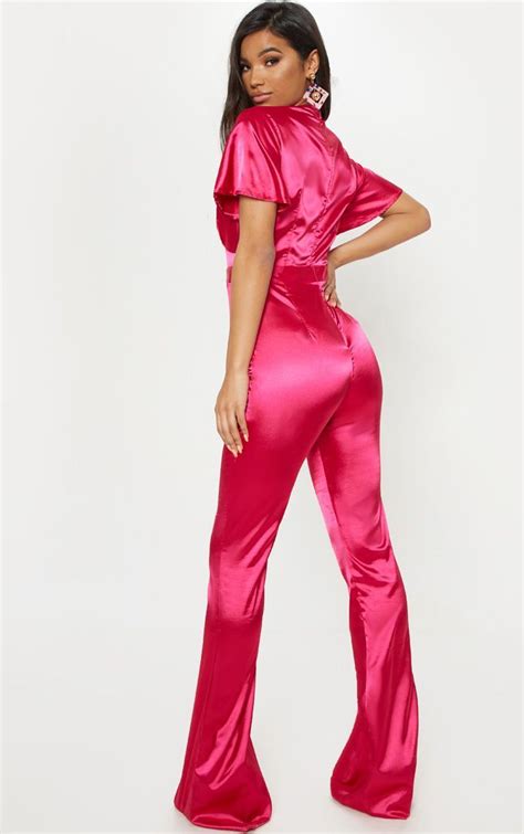 Magenta Satin Button Detail Flared Leg Jumpsuit Satin Dress Long Satin Jumpsuit Layered