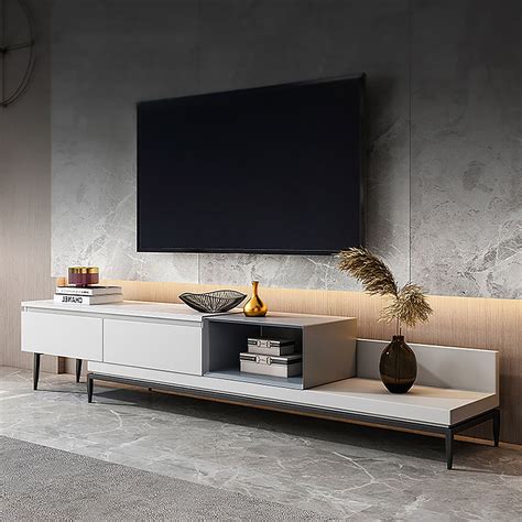 Italian Gray Tv Stand Stone Top 2 Drawer Extendable Media Console For Tv