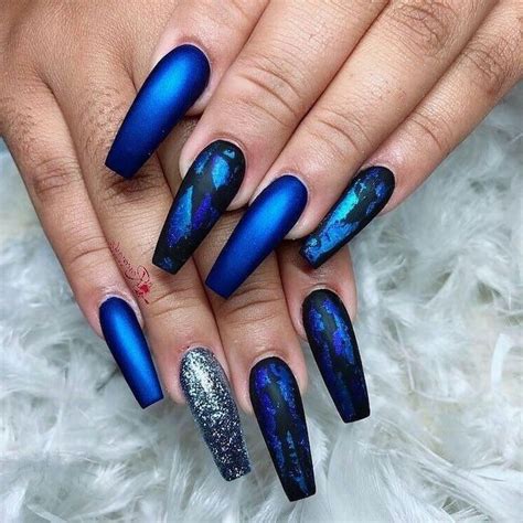 Blue Black Silver Glitter Nail Designs White Feather Fingers Long