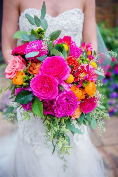 Coral Fuchsia Pink And Orange Bouquet Colorful Wedding Bouquet Greenery Wedding Bouquet Diy