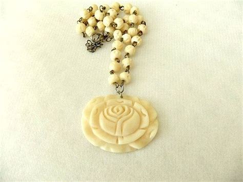 Vintage Celluloid Carved Pendant Bead Necklace By Ediesbest 1495