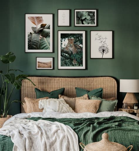 Animal Posters And Dark Green Botanical Prints In Bedroom Inspiration