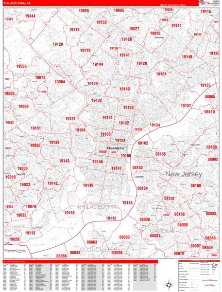 Philadelphia Pennsylvania Zip Code Wall Map Red Line Style By