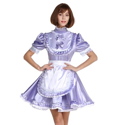 hi neck frilly sissy lockable lavender satin dress costume crossdress cosplay maid dress cosplay