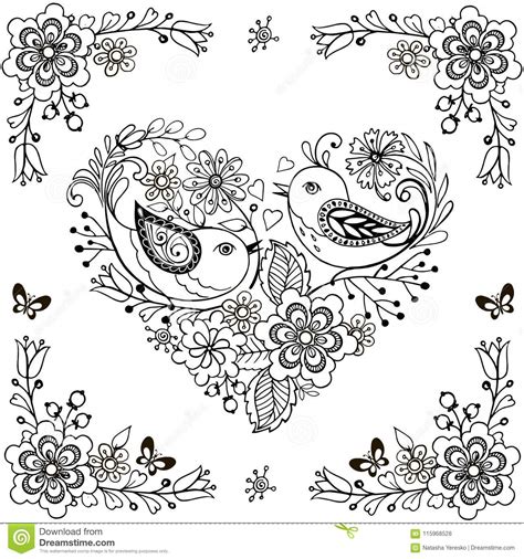 Hand Drawn Flowers And Birds For The Anti Stress Coloring Page Vector