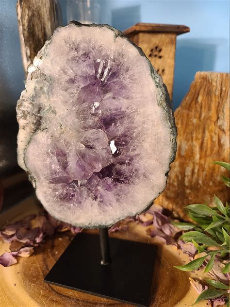 Polished Amethyst Geode Slice On Iron Stand