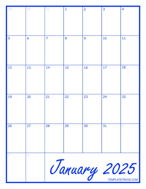 2025 Blank Monthly Calendar