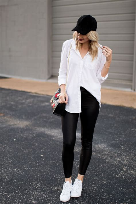 Easy Weekend Outfit Button Down Leather Leggings Sneakers And A Ball