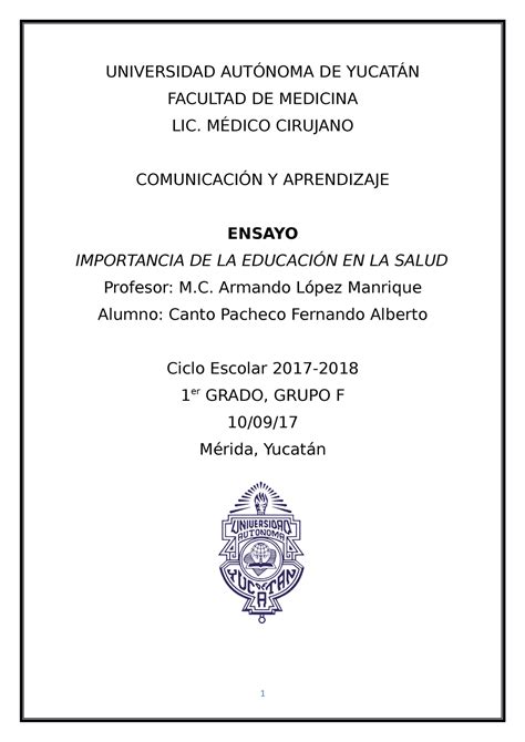 Ensayo Importancia De La Educacion De La Salud Universidad De