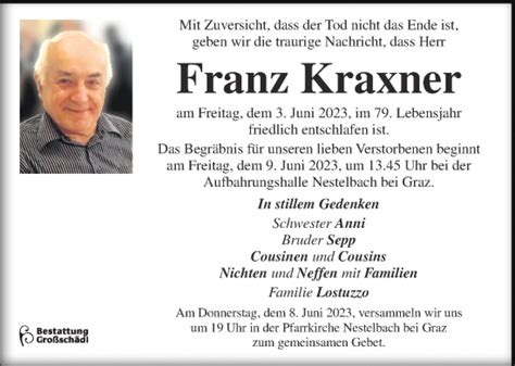 Traueranzeigen Von Franz Kraxner Trauer Kleinezeitung At