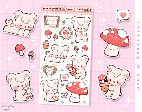 Kawaii Mushroom Bear Glossy Sticker Sheet Cute Kuma Cottage Etsy