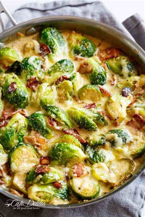 creamy garlic parmesan brussel sprouts with bacon recipe sprout recipes recipes veggie dishes