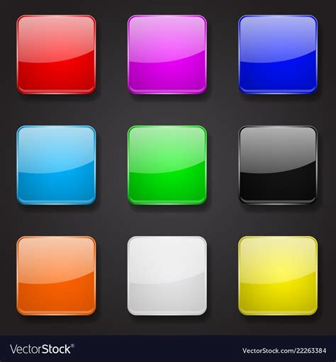 Colored Glass 3d Buttons Square Icons On Black Vector Image