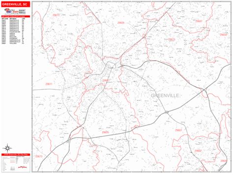 Greenville South Carolina Zip Code Wall Map Red Line Style By