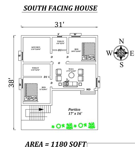 31 X38 2bhk Awesome Furnished South Facing House Plan Layout As Per