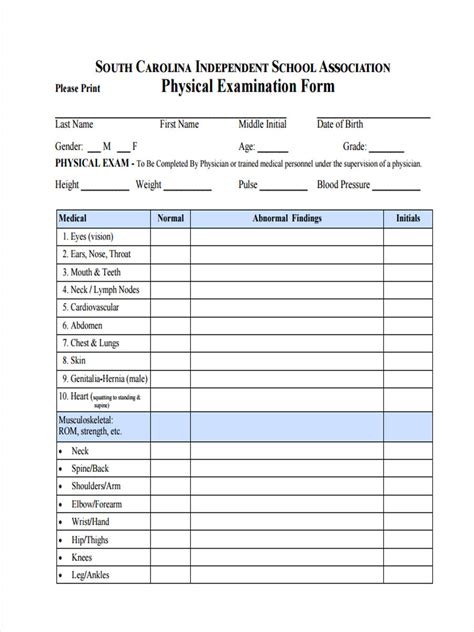 Printable Physical Exam Form
