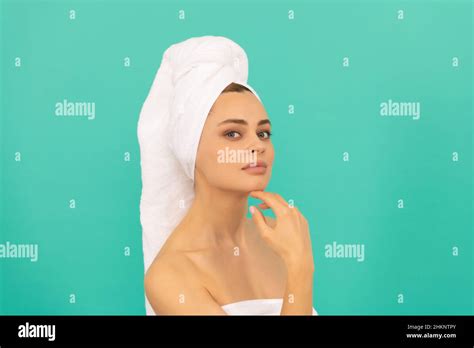 Woman Touch Her Perfect Skin On Blue Background Stock Photo Alamy
