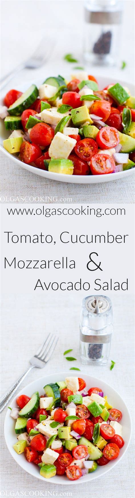 The perfect side dish with anything you're grilling, or double the portion as a main dish. Tomato, Cucumber, Mozzarella and Avocado Salad - Olgas ...