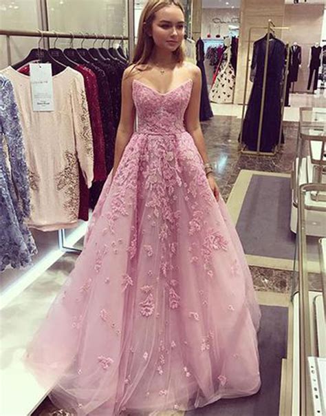 2018 Chic A Line Prom Dresses Strapless Pink Long Prom Dress Evening