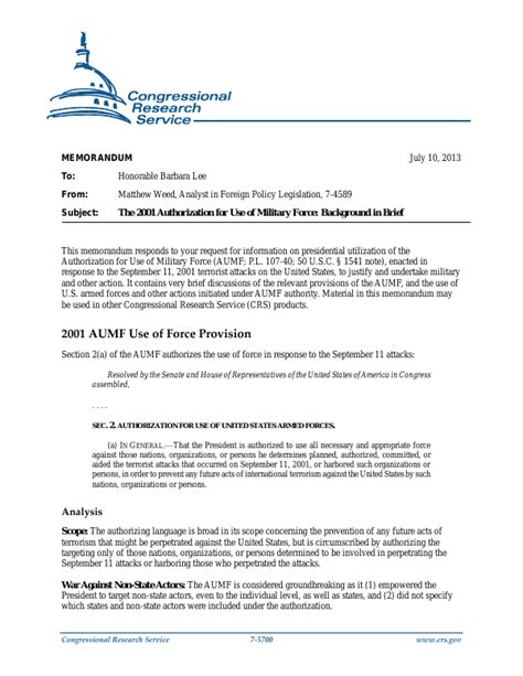 The 2001 Authorization For Use Of Military Force Background In Brief