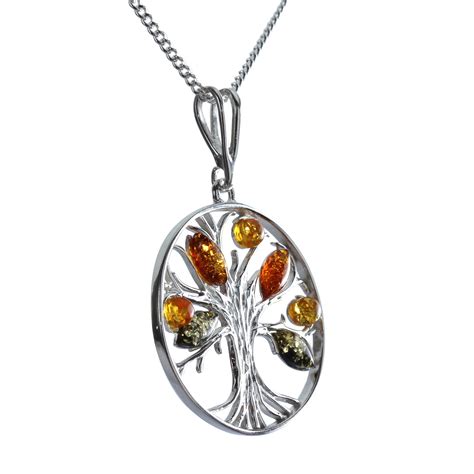 Large Round Tree Of Life Sterling Silver Pendant Set With Baltic Amber