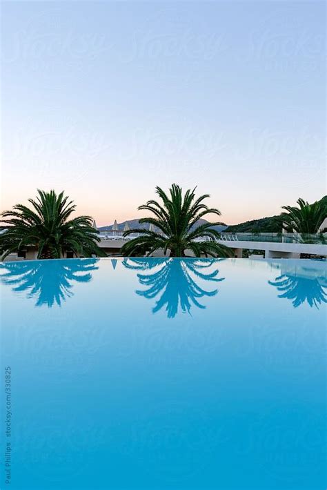 Three Palm Trees Reflecting In A Still Blue Swimming Pool After The