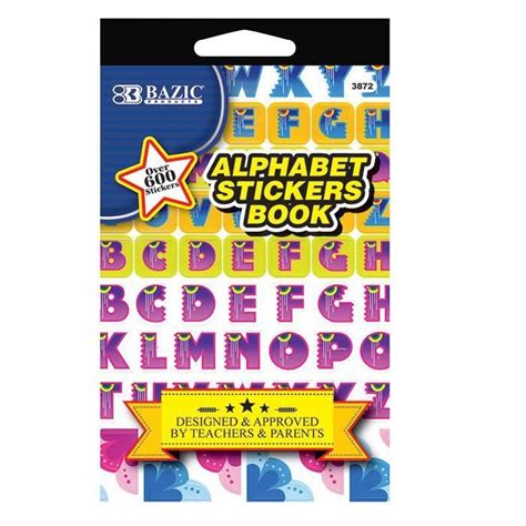 The Alphabet Stickers Book Is Shown In Pink Yellow And Blue With Stars On It