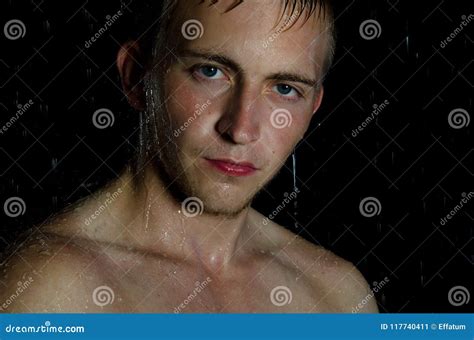 Young Handsome Guy In Shower Water Cleanliness And Freshness Stock