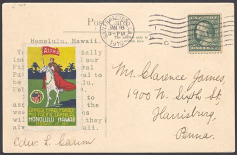 Reverse 1910 Mid Pacific Carnival Postcard with poster stamp affixed ...